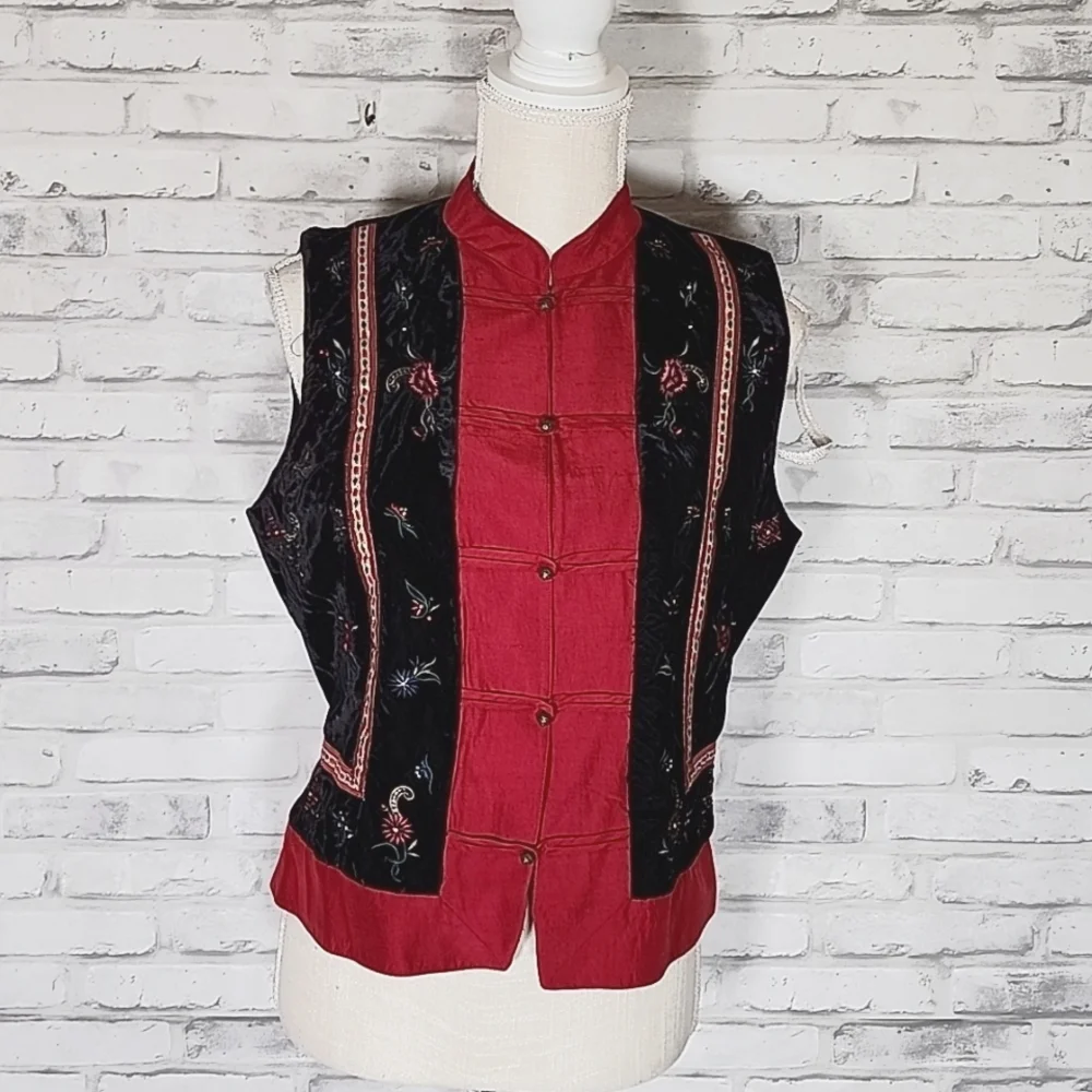 Ann Taylor Back Red Velvet Asian Floral Vest - Picture 1 of 11